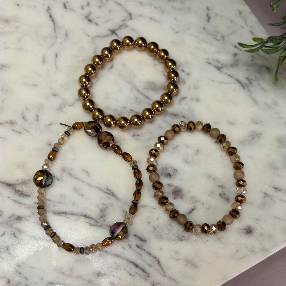 Source Unknown Gold and Bronze Beaded Bracelet Trio